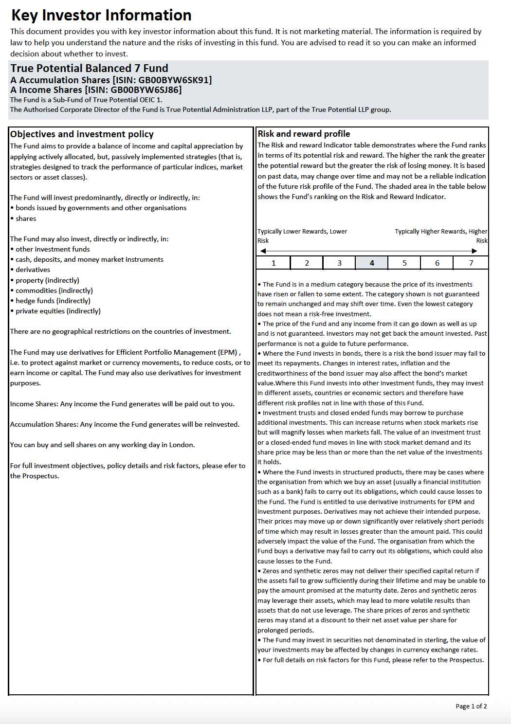 True Potential 7IM Balanced Key Investor Information