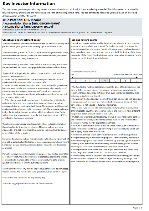 True Potential UBS Income Key Investor Information